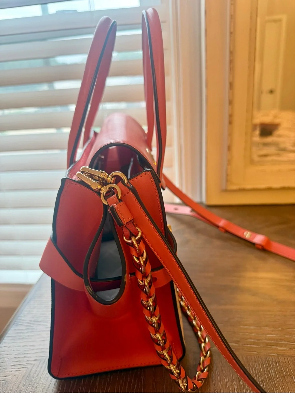 Michael Kors Coral & Beige Signature Satchel with Chain-Trim Strap + Crossbody